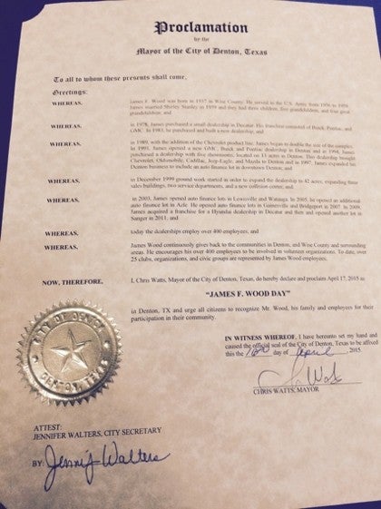 City of Denton Proclaims James F. Wood Day April 17 2015
